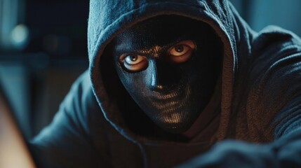 Financial criminal hacker in a scary mask, secretly plotting online fraud schemes