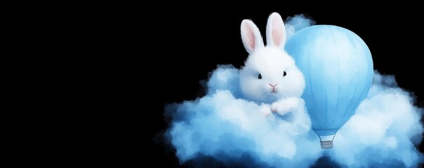 Sticker - Cute Rabbit in a Hot Air Balloon on a Cloud.