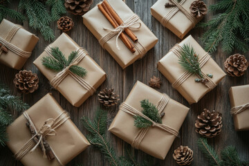 Canvas Print - Christmas presents arranged on a wooden background.