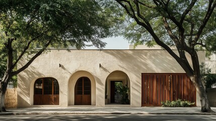 Wall Mural - Modern architectural home with arched windows in a serene neighborhood surrounded by lush greenery