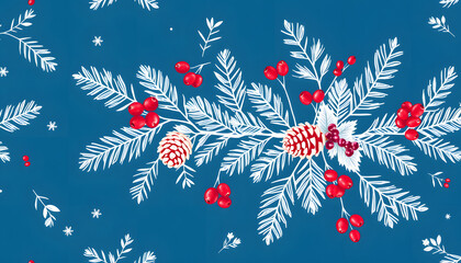 Wall Mural - Seamless floral Christmas pattern with white tree branches, fir cones, berries, leaves on blue background. Graphic illustration isolated with white highlights, png