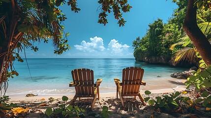 Two beach chairs on a tropical beach.