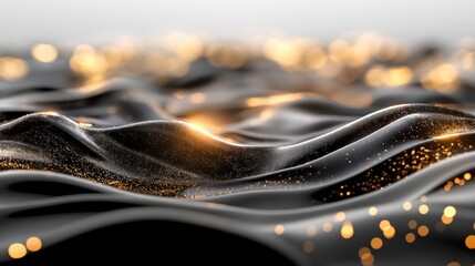 Poster - Close-up of abstract black flowing waves with shimmering golden lights, creating a futuristic and luxurious visual effect.