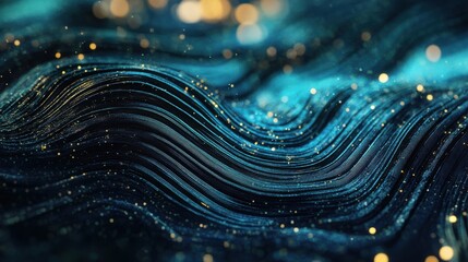 Poster - Abstract image of dynamic flowing lines in deep blue tones with scattered golden particles, resembling a wave-like pattern with glowing highlights.