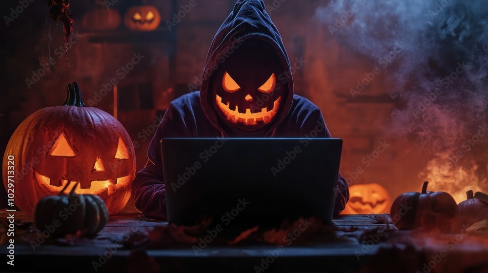 Stockillustrationen Halloween hacker with a laptop, committing fake ...