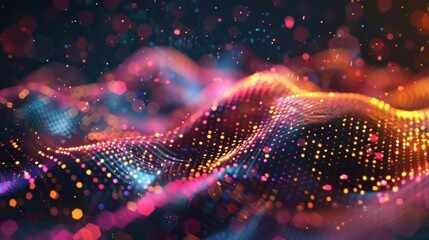 Poster - A stunning futuristic digital wave composed of glowing dots in vibrant colors, accented with soft bokeh lights in the background.