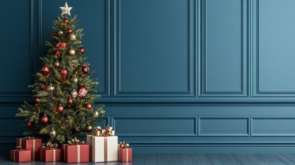 Wall Mural - A beautifully decorated Christmas tree stands tall against a classic teal wainscot wall, surrounded by gifts ready for the holiday season. The festive atmosphere is enhanced by the twinkling lights, s