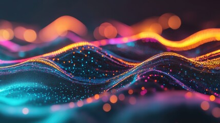 Poster - Abstract waves of colorful light flowing in a dark space, adorned with glowing particles, creating a dynamic and futuristic visual experience.