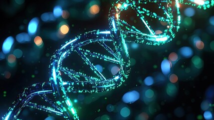 Poster - Colorful 3D representation of DNA helix on a dark background.