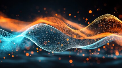 Poster - Dynamic abstract waves of blue and orange light particles flowing in a dark space, creating an energetic and futuristic visual effect.