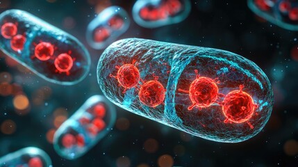 Poster - Close-up view of vibrant bacteria cells with red and blue details, isolated background.