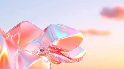 Poster - A close-up of an iridescent crystal-like structure reflecting light in pastel shades, set against a soft, dreamy sky.