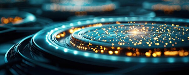 Poster - Futuristic abstract background with glowing circular patterns and sparkles.