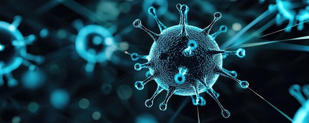 Poster - 3D representation of a virus in blue tones on a black background.