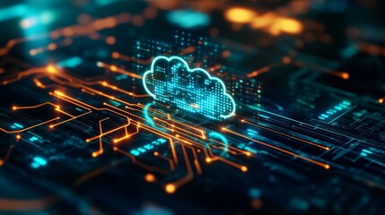 Poster - A close-up of a futuristic circuit board with a glowing cloud icon, representing the interconnectedness of data and the power of cloud computing.