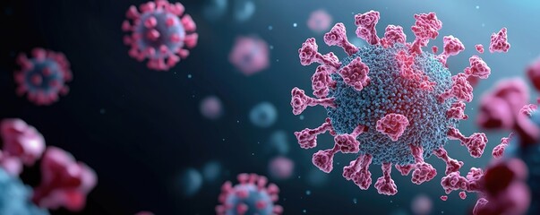 Poster - Colorful virus particles under a microscope, dark background, scientific illustration.