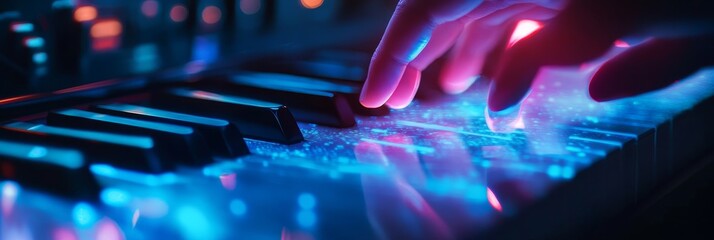 Poster - A close-up of fingers playing a holographic piano, showcasing the futuristic and magical aspect of music technology. The keys glow with vibrant blue and pink hues, symbolizing creativity, innovation, 