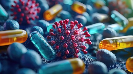 Poster - Virus and capsules on a textured surface, vibrant colors, macro perspective.