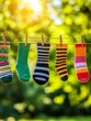 © Sanwa - A collection of mismatched socks hanging on a clothesline, representing individuality, diversity, and the joy of finding unique pairings.