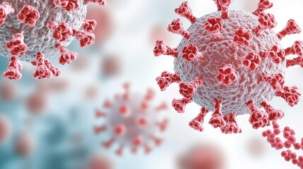 Poster - Close-up of virus particles on a blue and white background, illustrating infection spread.