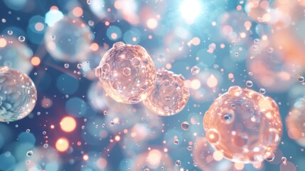 Poster - Abstract floating bubbles and particles in a vibrant, glowing light, creating a dreamy, futuristic visual with a soft bokeh effect.
