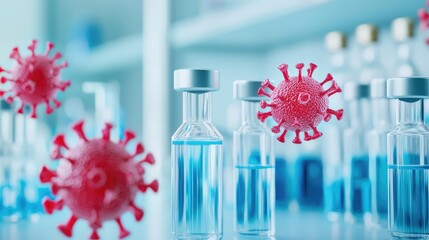 Poster - Vials of vaccines, virus model, laboratory setting, blue background.