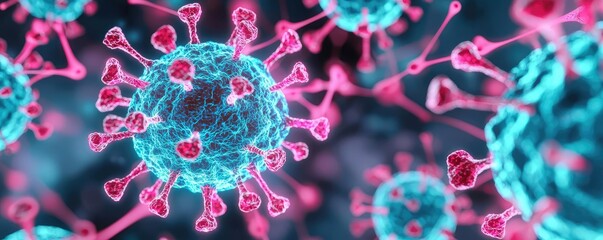 Poster - Microscopic view of virus with vibrant colors on a dark background