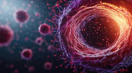 Poster - Abstract representation of a cell, vibrant colors, dark background.