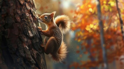 Canvas Print - Red Squirrel Climbing Tree in Autumn Forest