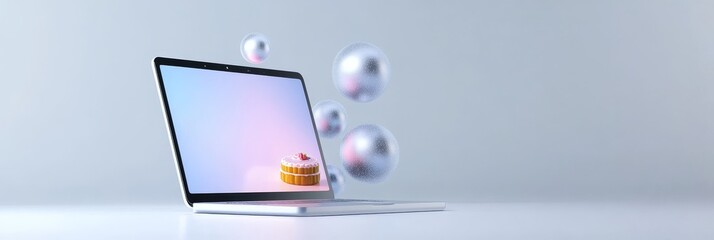 A modern laptop with holographic decorations and a cake on the screen, symbolizing online celebrations, digital innovation,  modern technology, sweet treats, and virtual parties.