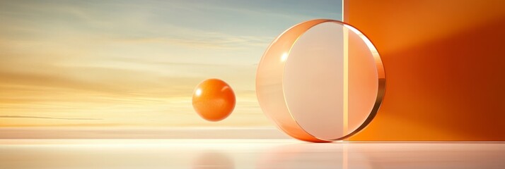 Poster - A minimalist scene featuring a floating orange sphere and a transparent circular frame against a soft, cloudy sky backdrop. The vibrant orange color and geometric shapes create a visually appealing an