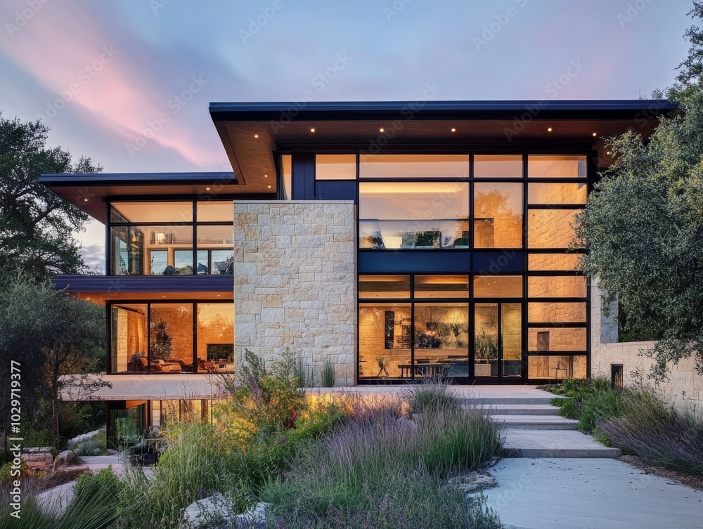 2408 27.A modern two-story home with a flat roof and a minimalist ...