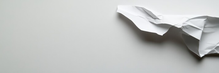 Poster - A single sheet of white paper is crumpled and placed on a grey background. The paper is textured and shows the folds and creases. The image is simple and minimalist, with a focus on the texture of the