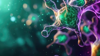 Poster - Colorful abstract depiction of cells with light effects on a dark background.