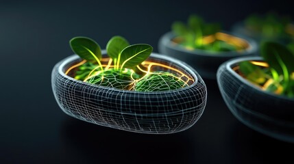 Poster - 3D model of green plants growing in a futuristic, glowing pot.