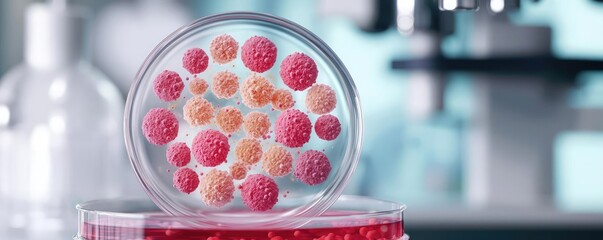 Poster - Petri dish with colorful microbial colonies, laboratory setting.