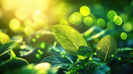 Poster - Close-up of green leaves with sunlight and bokeh effect, nature background.