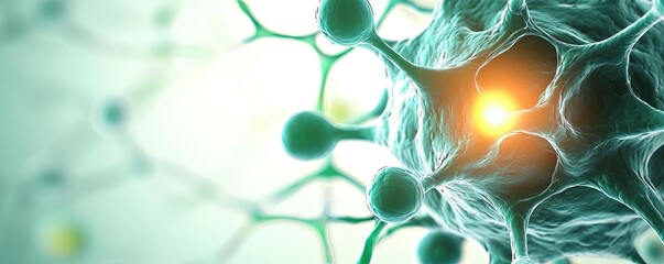 Poster - Close-up of a cell structure with glowing nucleus on a blurred background.