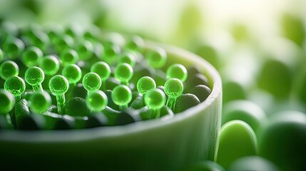 Poster - Close-up of green micro-organisms in a Petri dish on a blurred background.