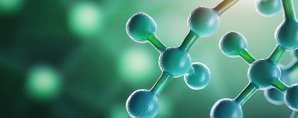 Poster - Molecule structure with bluish-green spheres on a blurred background.