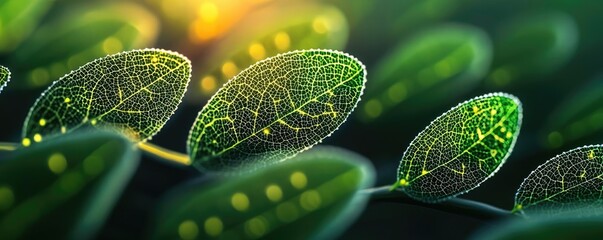 Aufkleber - Close-up view of vibrant green leaves with intricate details and sunlight filtering through.