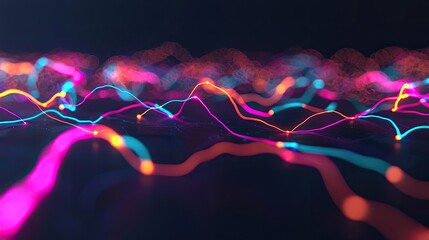 Poster - Colorful abstract digital waves in dynamic motion on a dark background.