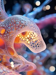 Aufkleber - Microscopic Image of Vibrant Cellular Structures, showcasing intricate, interconnected cells with glowing orange and blue hues, highlighting the beauty and complexity of life at the cellular level.