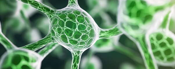 Poster - Close-up of green cells with intricate structures on a dark background.
