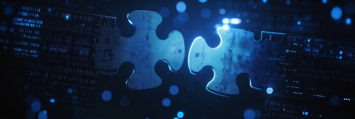 Poster - Two puzzle pieces fit together perfectly, symbolizing unity, collaboration, partnership, connection, and teamwork.