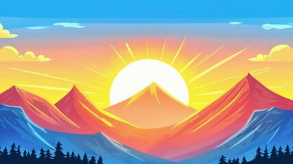 Wall Mural - cartoon sun rising behind the mountains