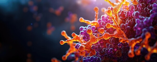 Poster - Colorful microscopic view of virus or bacteria on a dark background.