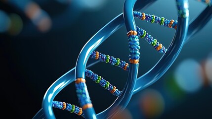 Poster - Colorful DNA double helix model on a dark background.