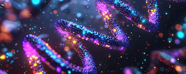 Poster - Colorful DNA strands illuminated with glowing particles on a dark background.