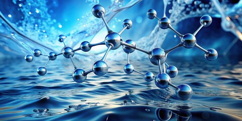 Molecule in front of flowing water liquid background, rendering , science, chemistry, biology, research, technology